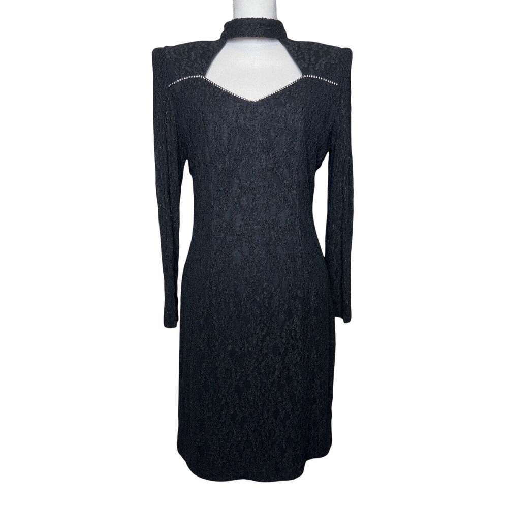 Vintage 80s Black Backless Party Dress Size Small Lace Cut Out Big Shoulders